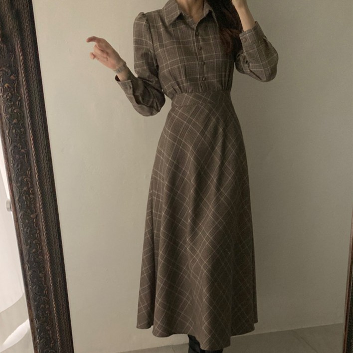 페이퍼먼츠 카라넥 체크패턴 A라인 원피스 22844