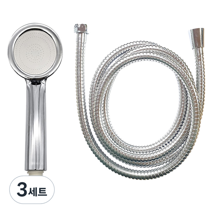 비앤홈 수압상승 크롬 미세홀 샤워헤드 + 메탈 줄 세트, 3개, 실버