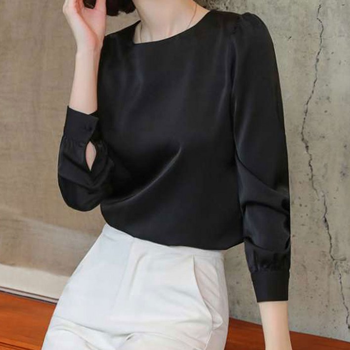 더시럽 여성용 파냐 어깨 퍼프 라운드넥 실크 블라우스 B