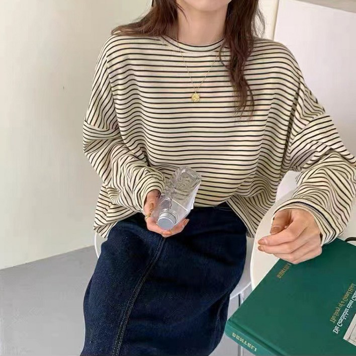 디멜디 여성용 잔스트라이프 루즈핏 데일리 긴팔 티셔츠