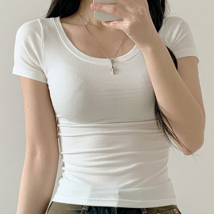 라라온 여성용 국내제작 U넥 스판 슬림핏 무지 반팔 티셔츠 TSP1900