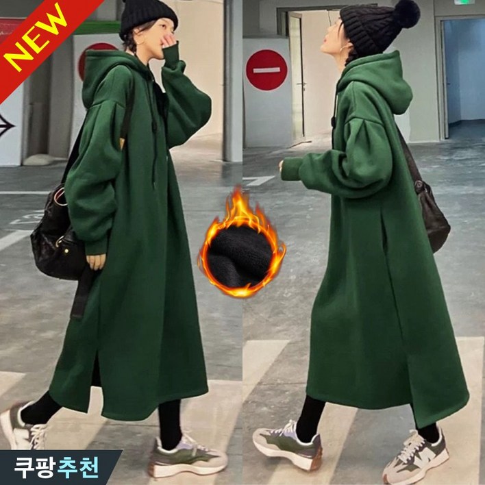 25년 신상 150kg까지 빅사이즈 여성 기모 옆트임 일자핏 롱 후드티 원피스 가을 겨울 루즈핏 날씬해보이는 도톰 보온 녹색 상의 큰옷 오버핏 무지 심플 박스 롱티 맨투맨티