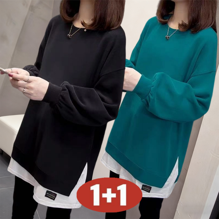 오스틱니 110kg까지 빅사이즈 1+1 날씬해보이는 라운드 레이어드 맨투맨 여성 봄 가을 편한 무지 트임 심플 루즈핏 이너 bf 롱티셔츠 롱티 긴팔티 간절기 맨투맨티 데일리 풀오버