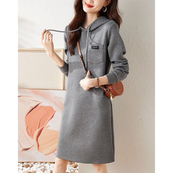 순면 후드 맨투맨 원피스 봄가을 여성용 심플 캐주얼 긴팔 티셔츠 원피스 데일리 편안한 미디 a라인 원피스