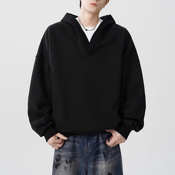 남성용 봄가을 루즈핏 브이넥 니트 배색 후드티 캐주얼 무지 맨투맨 C68