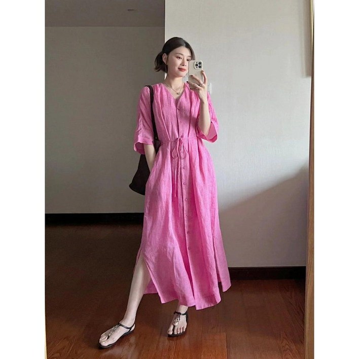 여름원피스 린넨원피스 v 넥 롱원피스 핑크원피스