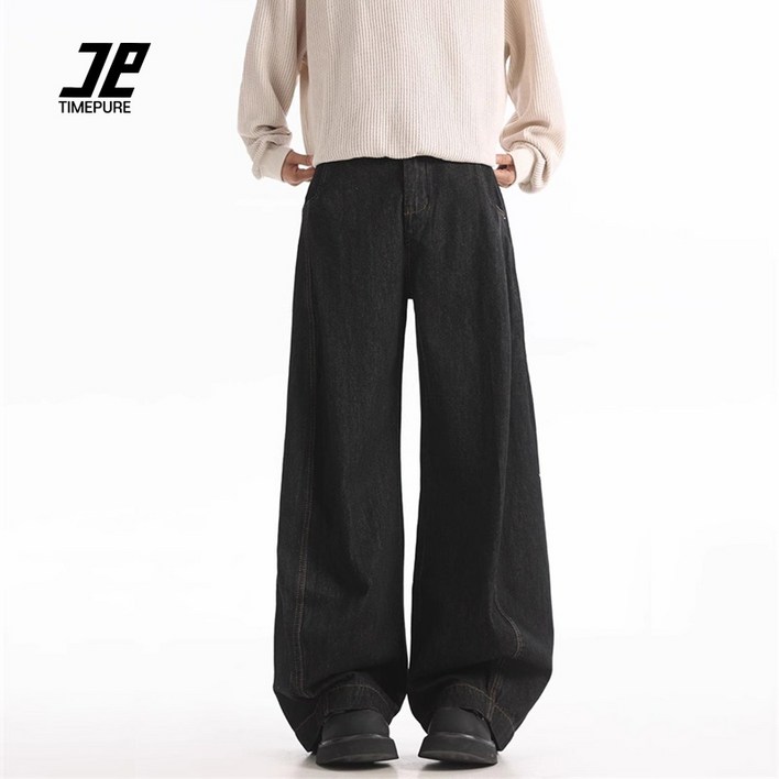 TIMEPURE 여성 빈티지 커브드 와이드 데님 팬츠 스트레이트 실루엣 청바지