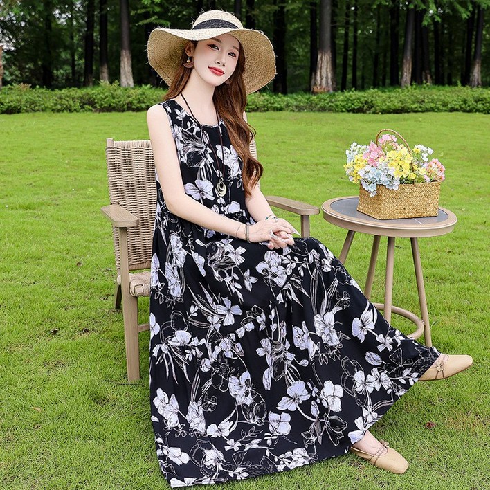 839 인견 레이온 민소매 나시 휴양지룩 빅사이즈 롱 원피스