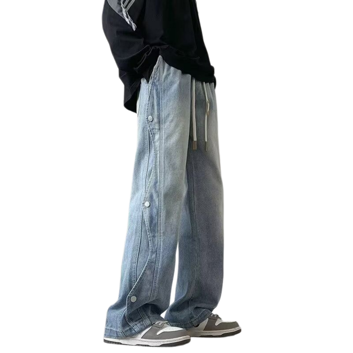 Makone 남성 하이웨이스트 청바지 스트레이트 패션 카고 빈틴지 와이드 데님 팬츠
