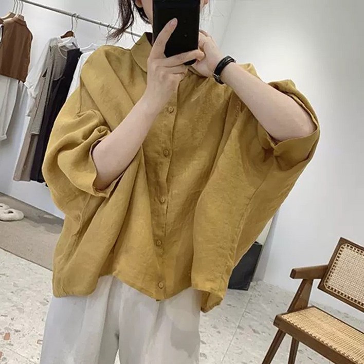 RCLET 여자 가오리 린넨 셔츠 오버핏 면마 반팔 티셔츠 얇은 남방 여름 가디건 빅사이즈 데일리