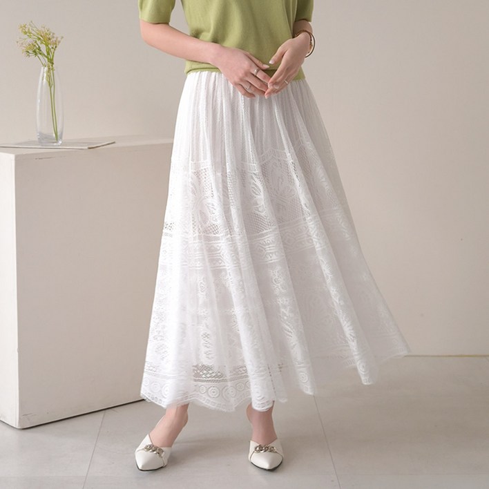 데일리앤 아우라 펀칭 그물 레이스 양면 플리츠 리버서블 밴딩 롱 플레어 스커트