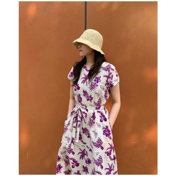 백화점정품 헤지스레이디스 원피스 25SS 시어서커퍼플 타히티 프린트 반소매 HSDR5B501U2 하객