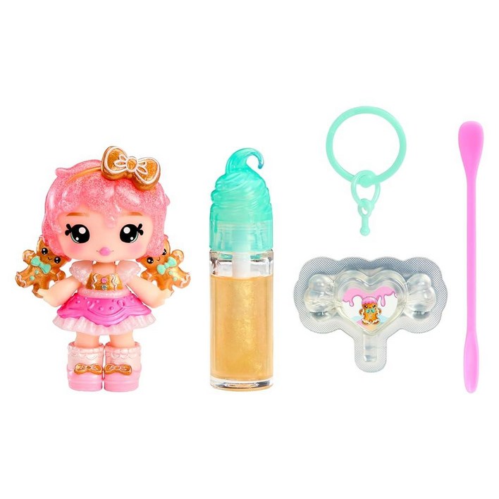 Yummiland x 홀리데이 립글로스 인형 - Gigi 진저브레드 DIY 립글로스 + 키체인 포함, 화장품 놀이, 계절 휴일 수집품, 선물, 만 4세 이상