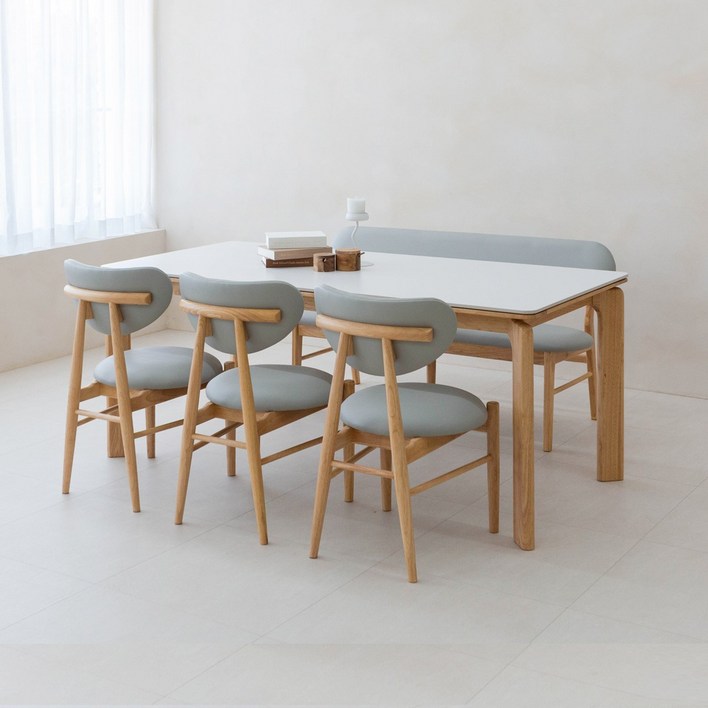 헤닝 밀키오 세라믹식탁 세트 6인용 원목 식탁 1800 의자3 벤치1, 내추럴