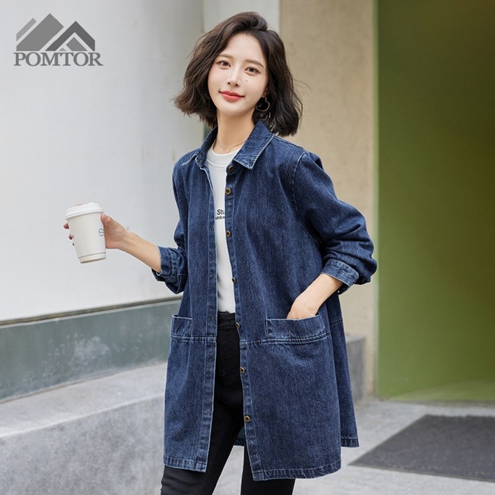 POMTOR 여성 카라넥 간절 데일리 빅사이즈 루즈핏 데님 자켓 긴팔 청셔츠
