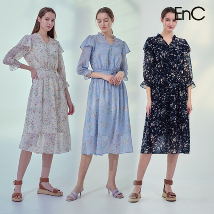 런칭가 109000원 EnC 이앤씨 플라워 패턴 쉬폰 원피스 1종