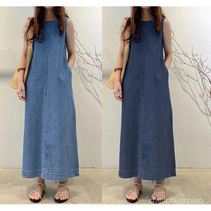 데님 청 나시 민소매 롱 드레스 바캉스 원피스