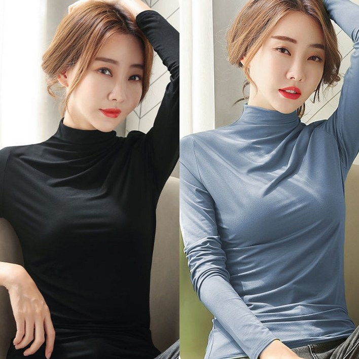 11 2장 봄 가을 겨울 여성 스판 하이넥 이너티 슬림 긴팔 티셔츠