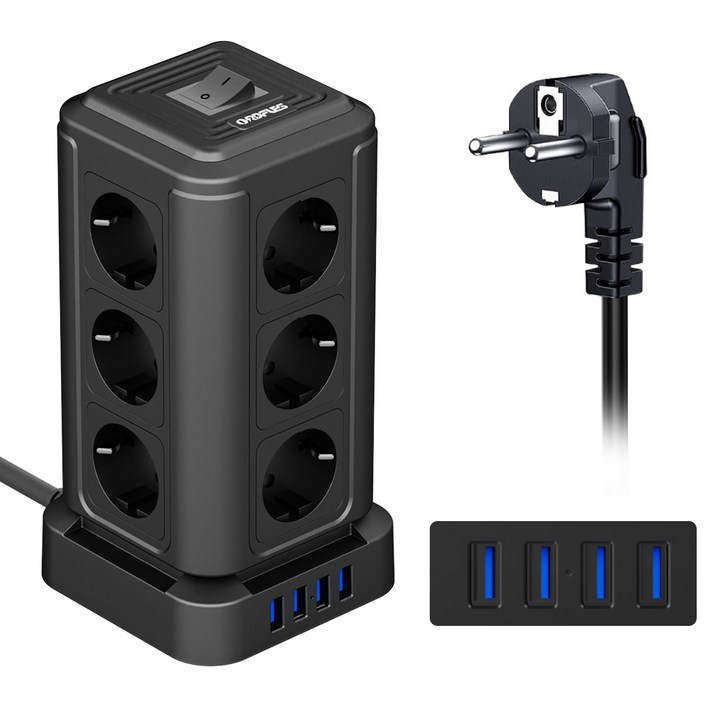 ORDFLES 16구 USB 타워형 멀티탭, 고속 USB 충전 일체형 스위치 멀티탭 ,공간 절약형 수직 디자인, 블랙, 1개, 2m