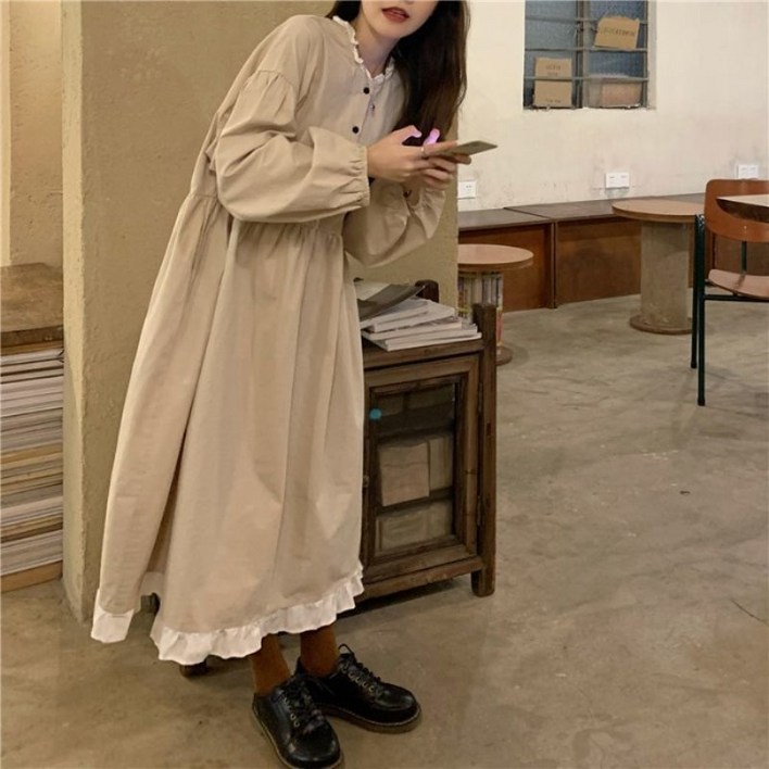 BROWMODA 여성 오버핏 라운드 프릴 맥시 롱 원피스 빅사이즈