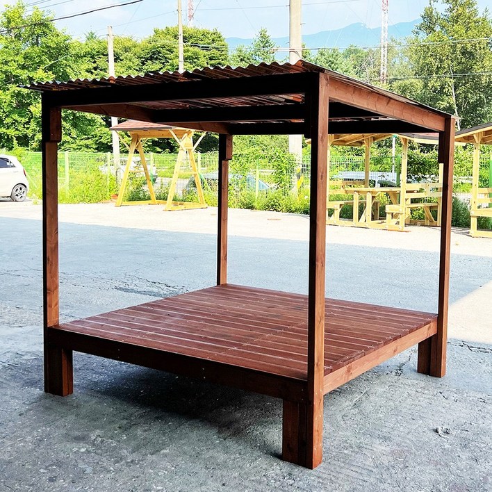 [자연쉼터] 지붕형 6자 평상 골판-경사형 야외 원목 평상마루