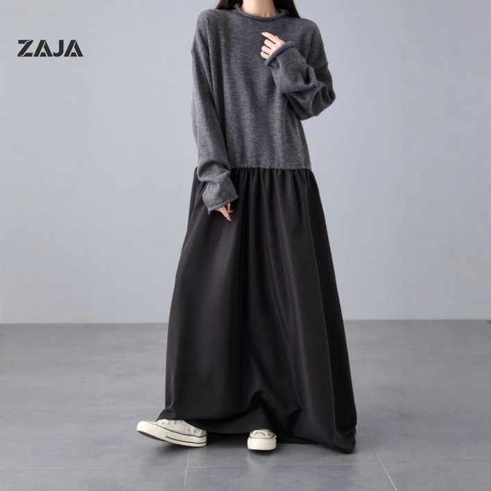 ZAJA 여성 가을겨울 원피스 루즈핏 터틀넥 니트 롱원피스