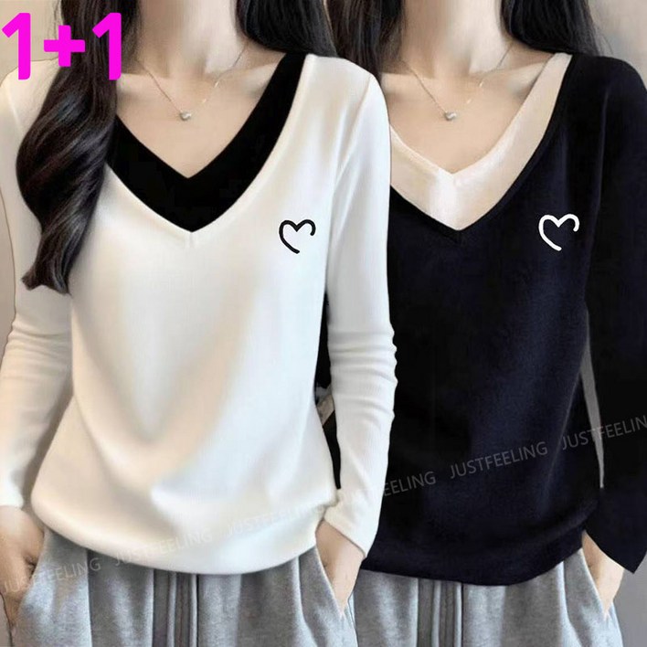 1+1/2벌 레이어드 여성 긴팔티 덕용 보온 박시티 브이넥 레터링 프린티 영문글짜 날씬해보이는 가을티 발열 이너티 상의