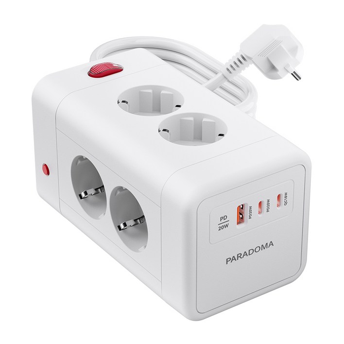 Paradoma 멀티탭 고속충전 KC인증 4000W 고용량 멀티탭 인테리어멀티탭 8구 USBA 1개 C타입 2개, 1개, 화이트, 1.8m