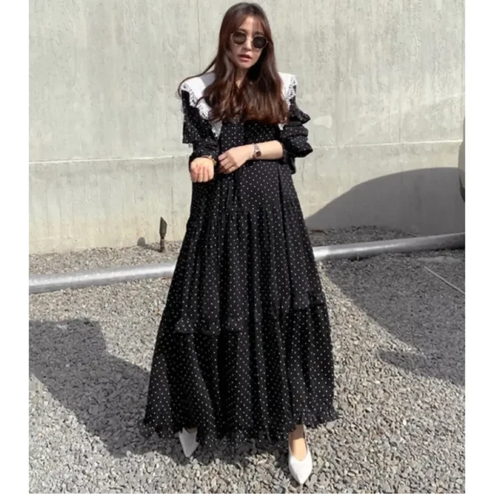 <유니크유니스> 빅카라 도트 롱 원피스