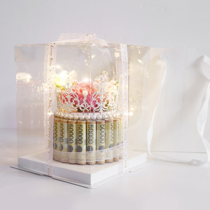 용돈박스 비누꽃 생신 생일 용돈 이벤트 (왕관돈케이크 + 전용쇼핑백 + 페이크머니 + LED전구), 1개, 핑크