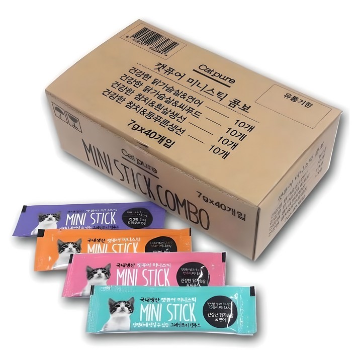 캣퓨어 미니스틱 콤보 고양이 간식 4종 스틱, 닭가슴살  연어 혼합맛, 닭가슴살  씨푸드 혼합맛 ,참치  흰살생선 혼합맛, 참치  등푸른생선 혼합맛, 280g, 1개