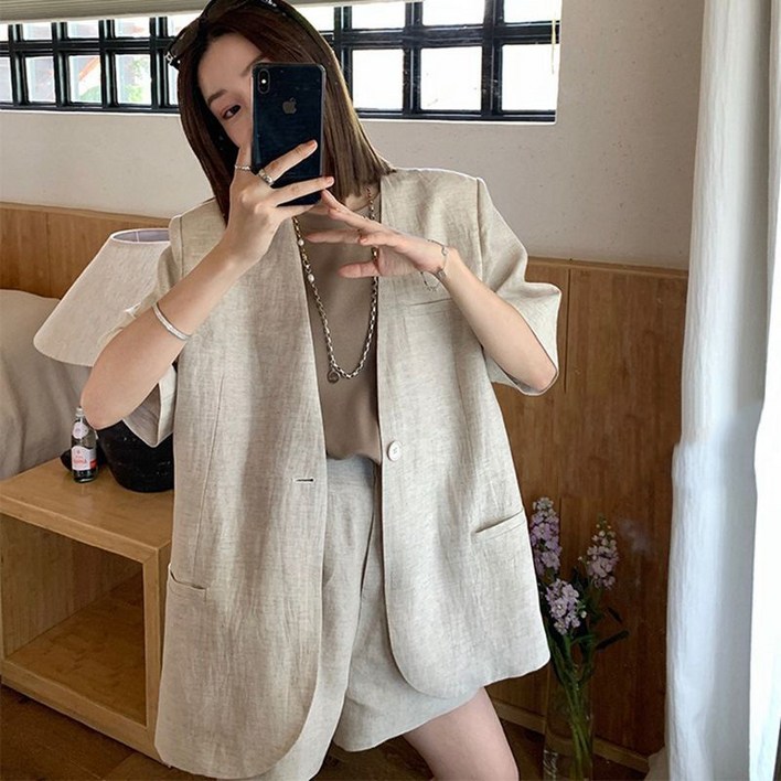 에쥬아 여름 반팔 정장 루즈핏 블레이저 오피스록 재킷 상의