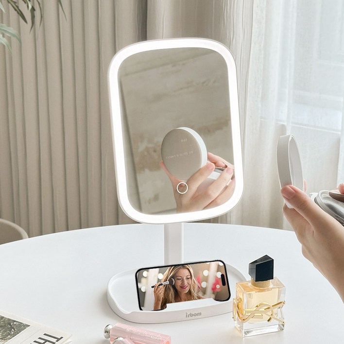 이르봄 스퀘어 LED 화장 조명거울 무선충전 M13 C타입CRI90360도핸드폰거치