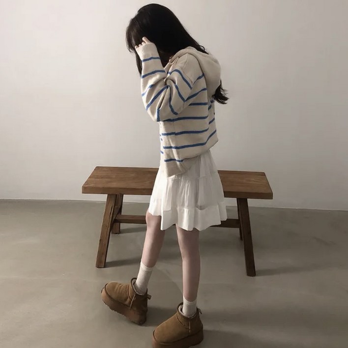 예쁨시전 오버핏 캐주얼 스트라이프 긴팔 니트 후드 집업 가디건