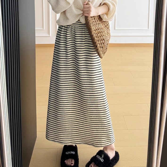 탐리프 여성 캐쥬얼 루즈핏 뒷트임 스트라이프 밴딩 니트 롱 스커트