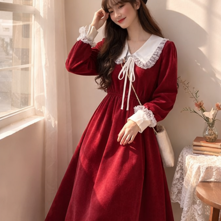 여성 러블리 빅카라 슬림핏 셔츠형 롱 원피스 긴팔 봄 가을