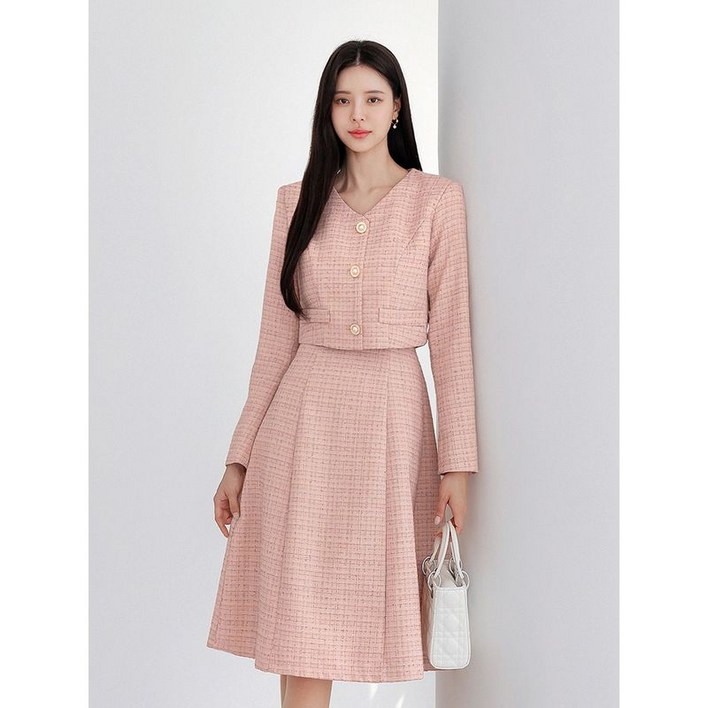 시크라인XXL까지 프리지 크롭 레이어드 트위드 원피스 겨울 플레어 V넥 하객룩 오피스룩 격식룩 데이트룩