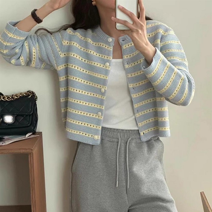 바니드 여성 캐주얼 라운드넥 스트라이프 니트 가디건 4013