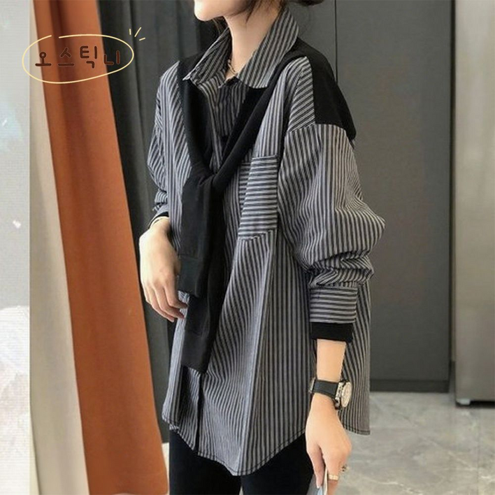 오스틱니 여성 스트라이프 고급 디자인 셔츠 가을 겨울 편한 클래식 배색 언밸 버튼 우아한 주머니있는 카라 캐쥬얼 패션 폼폼 입체 루즈핏 심플 데일리룩 셔츠