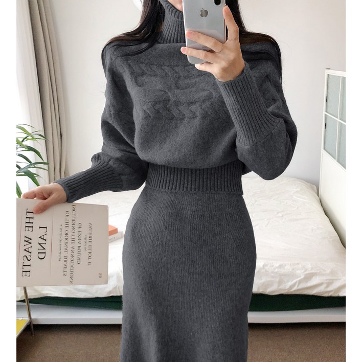 요시아나 당일발송 이렌느 꽈배기 가오리 니트 롱스커트 넥워머 쓰리피스 2컬러