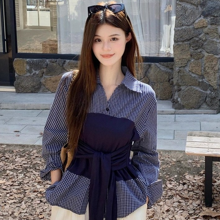SAHINER 여성 셔츠 긴팔 체크 배색 허리끈 스트랩 봄가을 BCS57