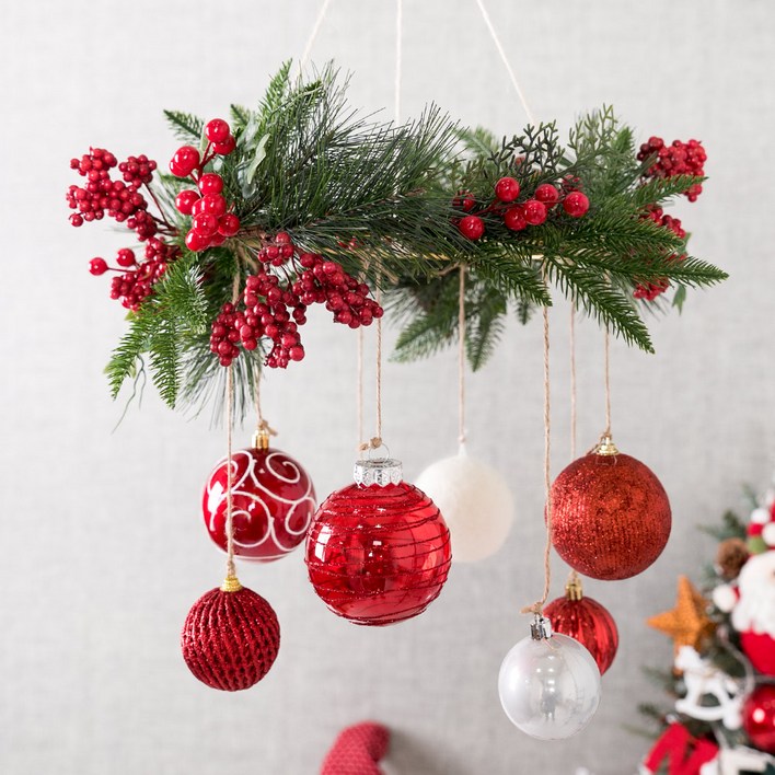 크리스마스 행잉 샹들리에 레드 멜랑쥬 35cm 벽걸이 천장 모빌 소품 데코 리스 선물 파티 꾸미기