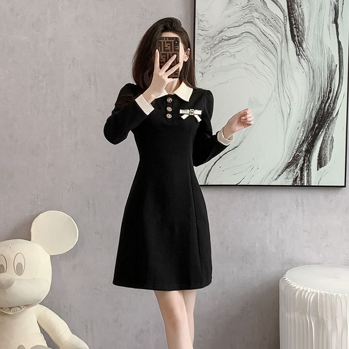 AOKADA 여성 배색 카라 A라인 리본 가을 긴팔 원피스