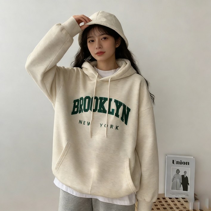 ANYOU 여성 후드티 스탠다드핏 오버사이즈 자수레터링 후드 맨투맨