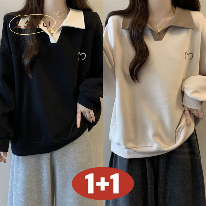 오스틱니(완전 편한) 100kg까지 빅사이즈 1+1 여성 봄가을 초특가 날씬해 보이는 셔츠 넥 디자인 감각 외출용 간절기 긴팔 맨투맨