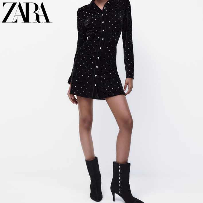 ZARA 여성 벨벳원피스 드레스 블랙 셔츠형 4786303 800