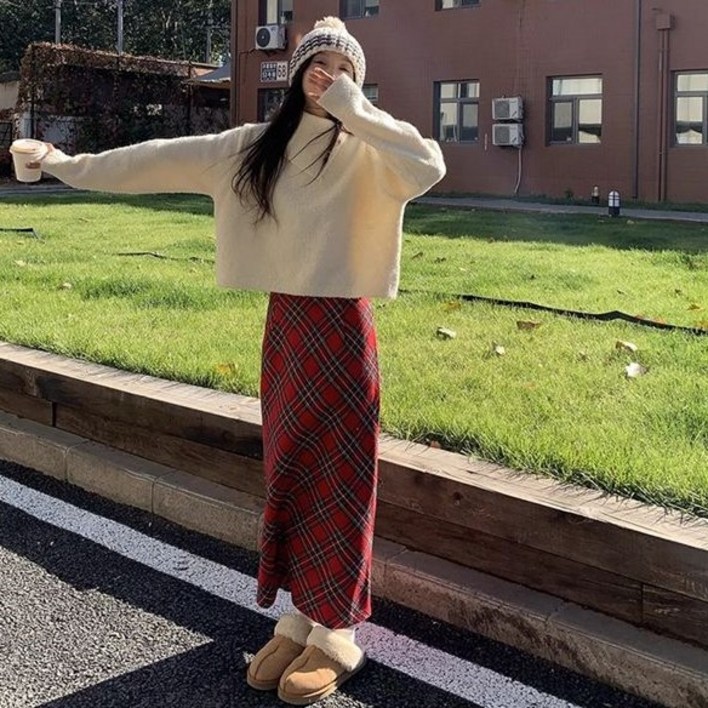Skyciky 빈티지 하이웨이스트 체크 반스커트 여성 가을겨울 신상 스트레이트 미디 롱치마 EE3417