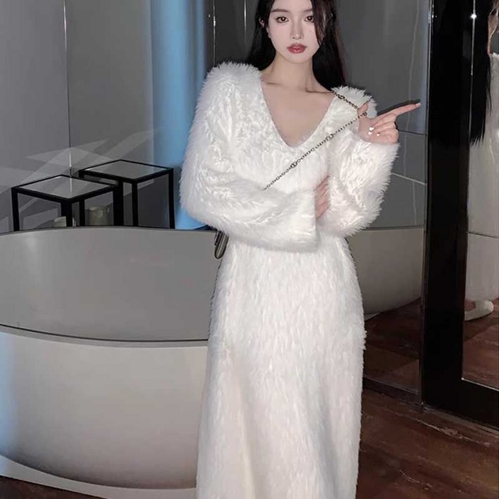 여자 앙고라 원피스 캐주얼 화이트 여행 고급 데일리 롱 퍼 겨울  간절기