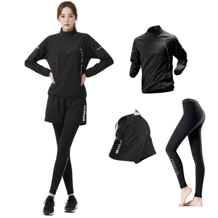 BYMSPORT 여성 런닝복 스포츠웨어 상하 운동복 세트 긴팔포켓반바지긴레깅스