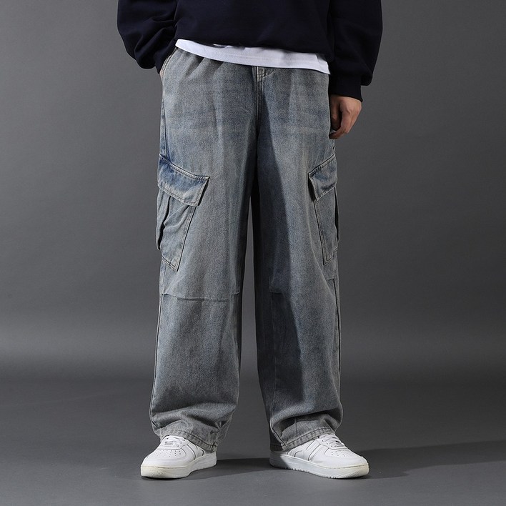 후앙스 스트링 밴딩 무릎 핀턱 카고 와이드 데님 팬츠 GZCP-5212